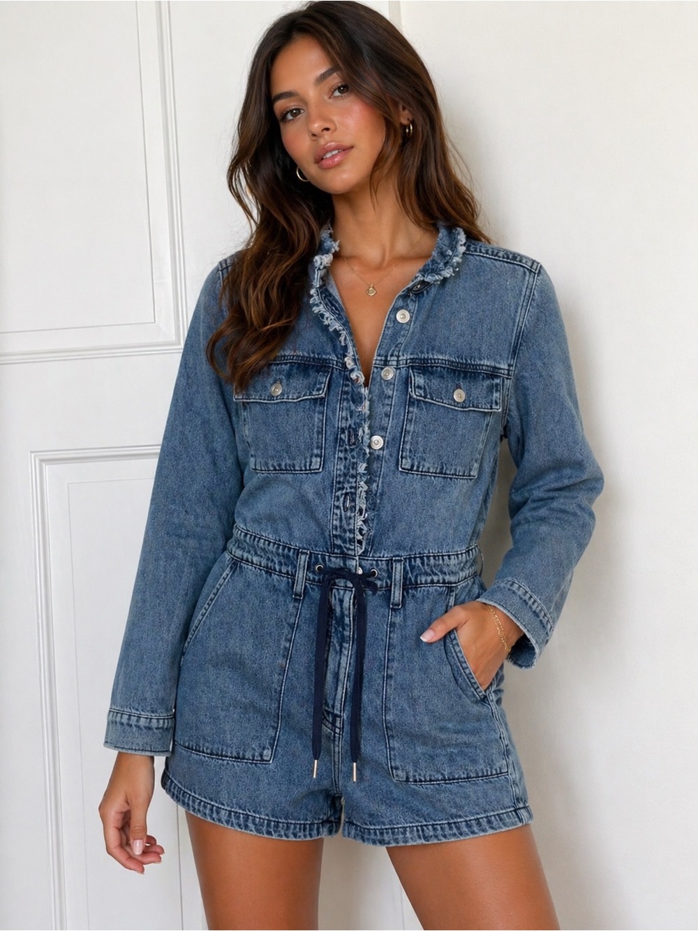Hudson Jeans Frayed Collar Denim Romper in Medium Blue